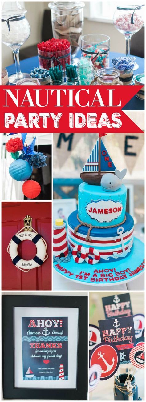 How fun is this first boy birthday party with a nautical theme?! See more party ideas at CatchMyParty.com! Nautical Party Printables, Nautical Party Ideas, Honeymoon Shower, Baby Shower Ideas For Boys, Navy Party, Nautical Birthday Party, Nautical Birthday, Nautical Party, Nautical Baby Shower