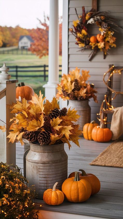 Cozy Fall Decor Ideas: Get ready to snuggle up with these 20 autumn-inspired decorating tips, from rustic porch decorations to warm centerpiece ideas. Create a welcoming atmosphere in your home this season! Check it out and start decorating! #fall #falldecor #fallvibes #aesthetic #fallautumn #autumn #fallaesthetic #orange #houseinspo #white Fall Decor Outside Front Porches, Autumn Porch Decor, Fall Tray Decor, Fall Porch Decor Ideas, Autumn Ambiance, Tray Decor Ideas, Porch Fall Decor, Fall November, Outdoor Fall Decor Ideas