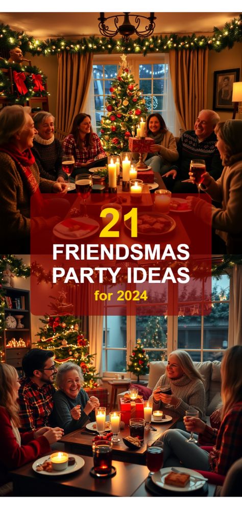 Friendsmas party ideas Post Holiday Party Ideas, Friendsgivingmas Party Ideas, Christmas Friend Party Ideas, Christmas Party Ideas For Friends, Friendsmas Party Ideas Food Dinner, Holiday Pajama Party Ideas, Christmas Get Together Ideas Friends, December Girls Night Ideas, Small Christmas Gathering Ideas