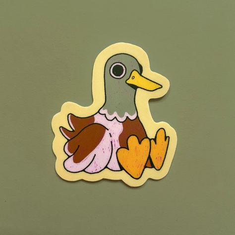 a sitting duck with a strange wide stare ⁕ around 2" in size ⁕ die cut matte vinyl sticker ⁕ perfect for water bottles, laptops, sketchbooks, etc. Wood Duck Drawing, Cute Duck Stickers, Laptop Stickers Ideas, Rubber Duck Drawing, Duck Doodle, Duck Sitting, Duck Stickers, Sitting Duck, Duck Character