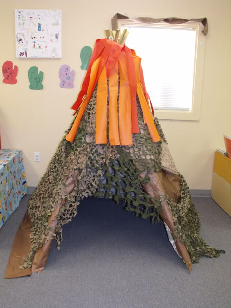 Tent/ dinosaur cave/ volcano Dinosaur week TJS Dinosaur Cave, Dinosaur Week, Dinosaur Classroom, Jurassic Park Birthday Party, Dinosaur Activities Preschool, Jurassic Park Birthday, Dinosaurs Preschool, Dinosaur Birthday Party Decorations, Dinosaur Themed Birthday Party