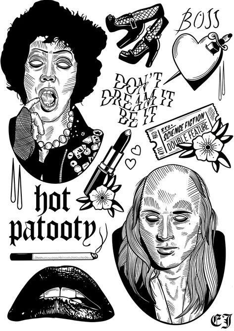 Traditional Tattoo Halloween, Fandom Tattoos, Mystical Tattoos, Bestie Tattoo, Horror Drawing, The Rocky Horror Picture Show, Tattoo Now, Spooky Tattoos, Pin Up Tattoos