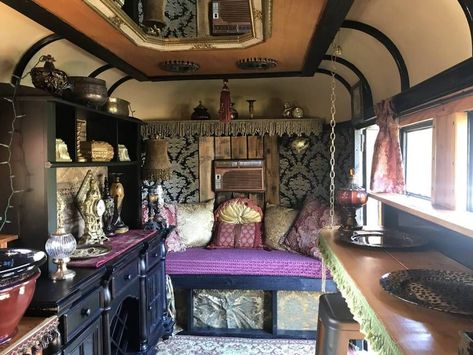 Horse trailer transformed into maximalist tiny home Converted Horse Trailer, Soft Seating Area, Micro Cabin, Camper For Sale, Sleeping Nook, Tiny House Listings, Small Refrigerator, Ceramic Heater, Campers For Sale