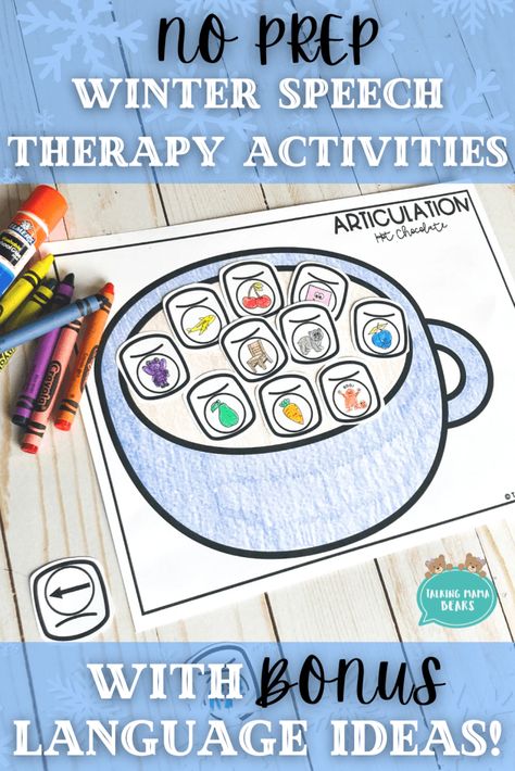 No Prep Winter Speech Therapy Activities (With Bonus Language Ideas!) - Talking Mama Bears Winter Slp Activities, Kindergarten Speech Therapy Activities, Speech Therapy For Toddlers Printables, December Speech Therapy Activities, Speech Therapy Christmas Activities, Winter Speech Therapy Activities, Preschool Speech Therapy Activities, Speech Therapy Activities Articulation, Idea Reels