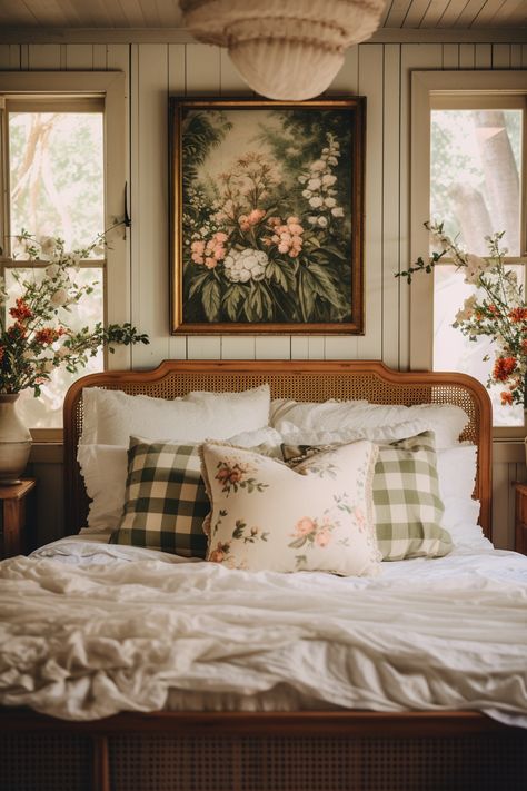 Bed Between Windows Ideas, Floral Antique Bedroom, Vintage Room Color Schemes, Cottage Core Master Room, Half Story Bedroom Ideas, Cottagecore Guest Bedroom, Cottage Core Bedroom Inspirations, Maine Bedrooms, Cottage Rooms Bedrooms