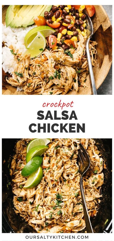 Crockpot Salsa Chicken is proof that "flavor" can win out over "fast". But fear not - this recipe is super easy to prep! Simply season, "sauce", then shred. Even using a slow cooker, it can be on the table in just about three hours. It's also endlessly versatile - use the shredded salsa chicken in burrito bowls, taco salads, quesadillas, traditional burritos or tacos, and more. It's also naturally Whole30 and paleo, and can easily fit into keto and low carb diets. Winner chicken dinner indeed! Taco Chicken Crockpot, Chicken With Salsa Recipe, Crockpot Taco Chicken, Shredded Salsa Chicken, Crock Pot Salsa Chicken, Healthy Shredded Chicken Recipes, Crockpot Shredded Chicken Tacos, Crockpot Salsa Chicken, Whole 30 Crockpot Recipes