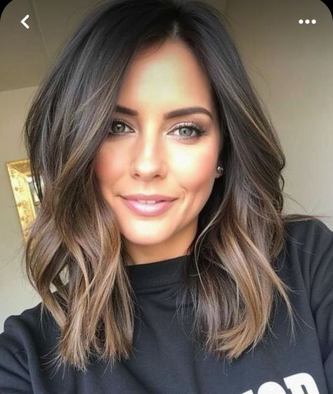 Hair Colour For Shoulder Length Hair, Mid Length Highlights, Medium Length Dark Balayage, Medium Length Dark Hair With Layers, Long Dark Brown Hair With Highlights Chocolates Caramel Balayage, Medium Dark Brown Hair With Layers, Chocolate Brown Hair Mid Length, Dark Brown Collarbone Length Hair, Shoulder Length Winter Hair Color