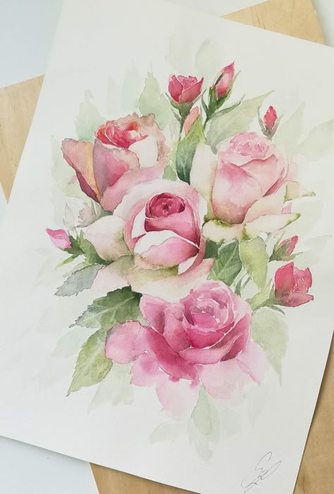 Pink Rose Watercolor Painting, Watercolor Roses Tutorial, Drawing Roses, Watercolor Pencil Art, Arte Aesthetic, Roses Art, Sky Art Painting, Rose Watercolor, Canvas Art Decor