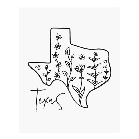 texas outline poster Floral Texas Tattoo, Texas Line Art, Girly Texas Tattoo, Texas Drawing Ideas, Texas Outline Tattoo, Texas Doodles, Texas Drawings, Outdoorsy Design, Texas Illustration