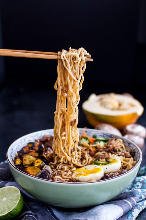 Crockpot Crispy Caramelized Pork Ramen Noodle Soup with Curry Roasted Acorn Squash Caramelized Pork, Pork Ramen, Roasted Acorn Squash, Ramen Noodle Soup, Vermicelli Noodles, Slow Cook, Ramen Noodle, Half Baked, Half Baked Harvest