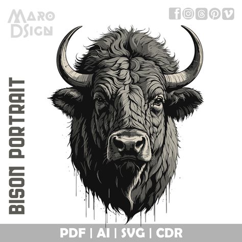 Buffalo Head Drawing, Bison Illustration, Wild Buffalo, European Bison, Buffalo Head, Vector Clipart, Digital Graphics, Vector Graphics, Amazing Art