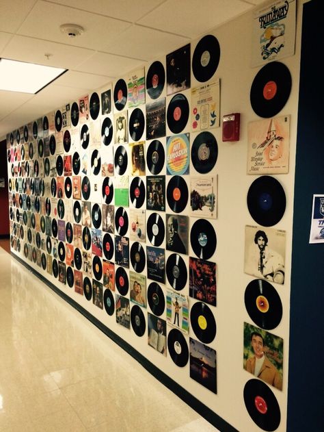 Hall Decorations with vinyl records! Cool for home use too! Home Studio Music Ideas, Hall Decorations, School Hallway, Home Music Rooms, Record Room, Music Studio Room, Music Room Decor, Record Wall, Home Studio Music