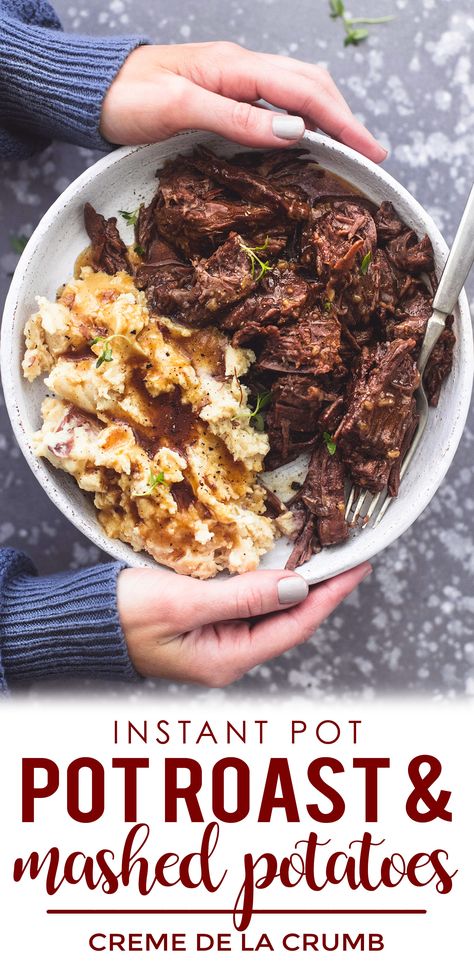 Instant Pot Pot Roast with Mashed Potatoes and Gravy made with onion soup mix is the easiest, most incredibly tender and juicy roast paired with super creamy garlic mashed potatoes and savory brown gravy! | lecremedelacrumb.com Beef Roast Onion Soup Mix Instant Pot, Meat That Goes With Mashed Potatoes, Pot Roast Mashed Potatoes And Gravy, Chuck Roast And Mashed Potatoes, Mashed Potatoes With Meat, Meat With Mashed Potatoes, Mashed Potatoes And Meat, Pot Roast And Mashed Potatoes, Pot Roast With Mashed Potatoes