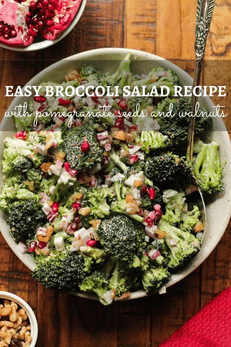 Creamy Honey Mustard Dressing, Vegetarian Thanksgiving Sides, Creamy Honey Mustard, Pomegranate Recipes Salad, Vegan Broccoli Salad, Vegan Thanksgiving Menu, Broccoli Recipes Side Dish, Easy Broccoli Salad, Healthy Broccoli Salad