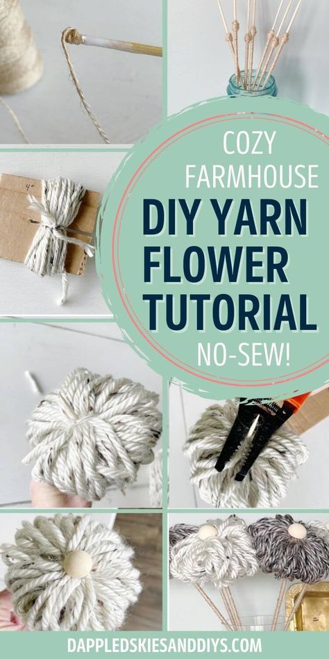 Rope Flowers Diy, Yarn Flowers Diy How To Make, Wood Bead Flowers, Boho Yarn Crafts, Crafts With Yarn Diy, Crafts With Yarn Easy, Diy Yarn Crafts Decor, Yarn Flowers Diy, Yarn Crafts For Adults