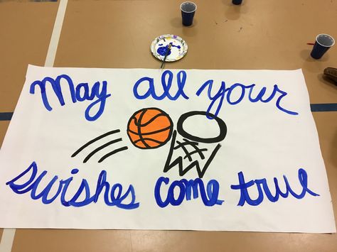 May all your swishes come true, basketball sign, cheer sign, basketball cheer sign, cute basketball sign idea, Basketball Gym Signs, Basketball Slogans For Posters, Basketball Banners Posters, Cheer Posters Ideas Signs Basketball, Cute Basketball Posters Ideas, Cheer Spirit Ideas, School Spirit Posters Basketball, Basketball Poster Ideas Signs For Players, Basketball Sign Ideas