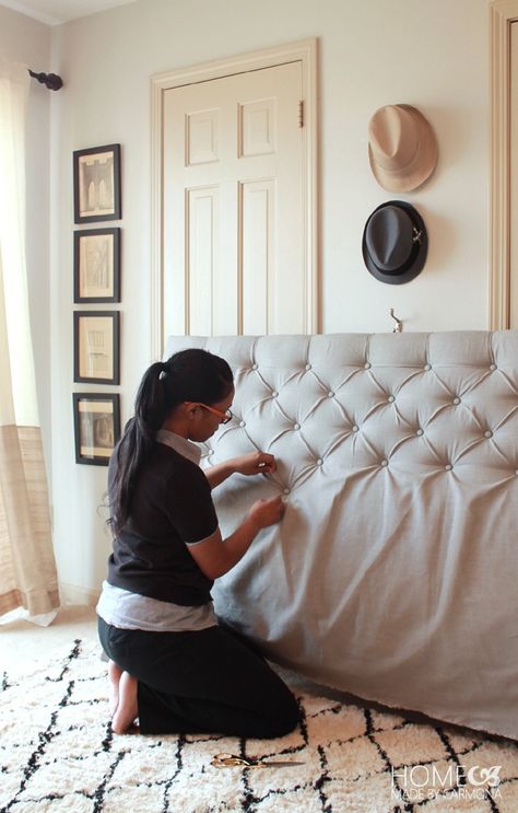 Learn the easiest way to make a DIY Diamond Tufted Headboard for under $50! This is by far the most detailed and easy-to-follow tutorial | Home Made by Carmona Tufted Headboard Diy, Diy Upholstered Headboard, Diy Tufted Headboard, Headboard Tutorial, Headboard Diy, Diamond Tufted Headboard, Paint Stir Sticks, Egg Crates, Diy Headboards