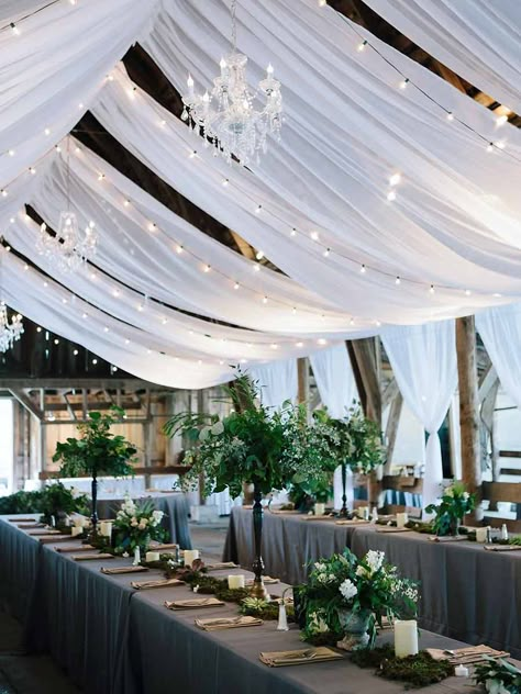 Reception Ceiling, Wedding Ceiling Decorations, White Wedding Arch, Wedding Draping, Draping Wedding, Wedding Ceiling, Green Centerpieces, Ceiling Draping, Head Table Wedding