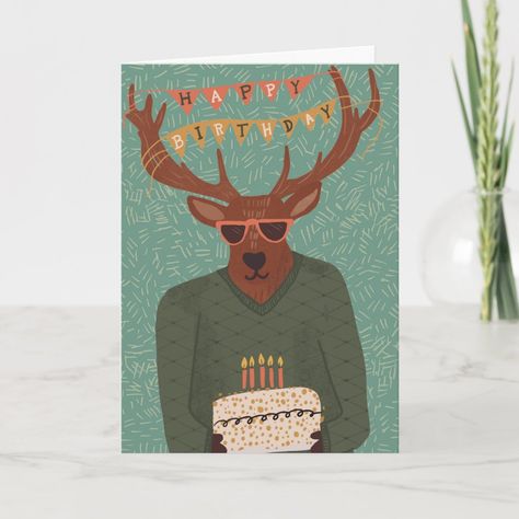 69th Birthday, Homemade Birthday Cards, Deer Hunter, A Birthday Cake, Unique Greeting Cards, Wearing Sunglasses, Happy Birthday Banner, A Deer, Birthday Greeting