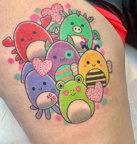 Squishmallow Tattoo Ideas, Squishmallows Tattoo, Squishmallow Tattoo, Squishmallow Art, Cutesy Tattoos, Kawaii Flash Tattoo, Kawaii Tattoos, Markers Drawing Ideas, Matching Sister Tattoos