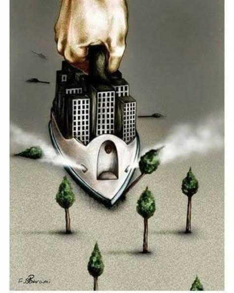 this design has a message behind it about how buildings are destroying the environment. it's a creative way of displaying this problem. Satirical Illustrations, Save Our Earth, Meaningful Pictures, Social Art, Deep Art, Meaningful Art, Deep Meaning, Save Earth, Environmental Art