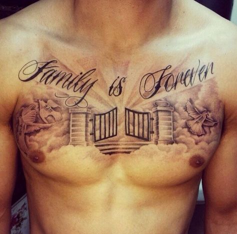 Good Family Tattoo, Heaven Tattoos, Family Tree Tattoo, Family Tattoo Designs, Design Dragon, Cool Chest Tattoos, Pieces Tattoo, Religious Tattoos, Chest Tattoos For Women