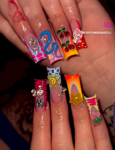 Takashi Nails, Nails Freestyle Design, Long Acrylic Nail Designs With Charms, Character Acrylic Nails, Spring Junk Nails, Long Duckies Nails, Medium Junk Nails, Dramatic Nails Designs, Elmo Nails