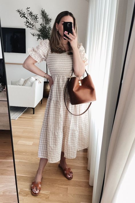 Gingham Dress Styling, Neutral Gingham Dress, Tan Summer Dress, Teacher Looks Outfit Summer, Tan Gingham Dress, Flowy Spring Outfits, Mom Outfits Dress, Mom Dress Casual, Gingham Dress Outfit Summer