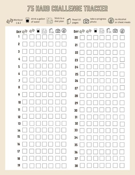 habit tracker for notion 75 Hard Workout Ideas, 75 Hard Challenge Tracker Free Printable, Workout Tracker Printable Free, Tracker Printable Free, Workout Tracker Printable, Planners For Men, Gym Planner, Training Planner, 75 Hard Challenge