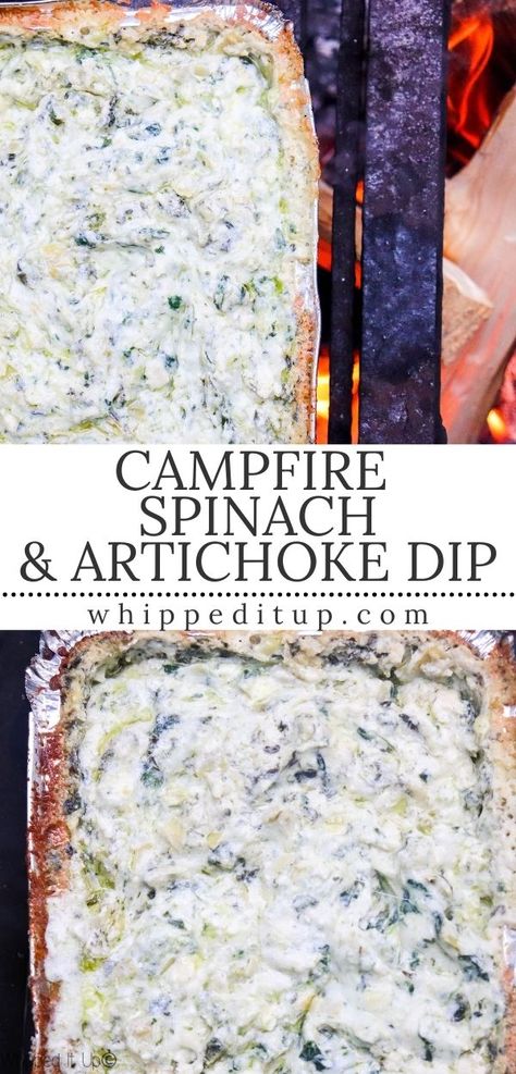 Anyone for an amazing dip while outside or camping, gather around for this one. #campfiredip Campfire Spinach Artichoke Dip, Campfire Dips Camping Recipes, Campfire Dip Recipe, Fall Campfire Recipes, Campfire Spinach Dip, Campfire Cheese Dip, Campfire Dips, Campfire Appetizer, Weekend Getaway Food Ideas