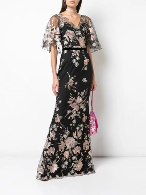 Cape Sleeve Floral Embroidered Mermaid Gown – Marchesa Black Floral Gown, Dress Holder, Embroidered Mermaid, Embroidered Cape, Occasion Wear Dresses, Gown Skirt, Sleeve Gown, Floral Gown, Cape Sleeves