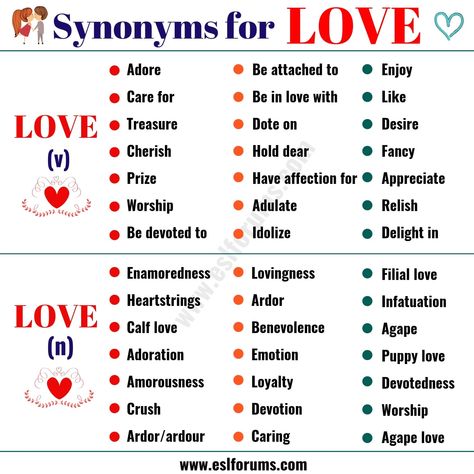 LOVE Synonym: 50+ Interesting Synonyms for LOVE - ESL Forums Love Synonyms Words, Synonym For Love, Other Words For Love, Interesting Synonyms, Love Synonyms, Synonyms For Love, Words For Love, Essay Writing Skills, Descriptive Words