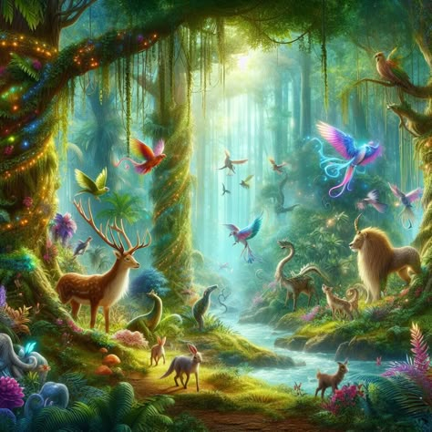 Magical Forest Animals, Fairy Land Magical Forest, Magical World Art, Enchanted Forest Animals, Fantasy Paradise, Cinderella Art, Forest Drawing, Fairy Wallpaper, Magical Creature