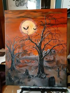 Spooky Scenery Painting, Creepy Paintings Ideas, Witch Painting Ideas On Canvas, Creepy Halloween Paintings, Spooky Fall Paintings, Scary Acrylic Paintings, Halloween Painting Acrylic, Fall Canvas Ideas, Spooky Halloween Paintings On Canvas