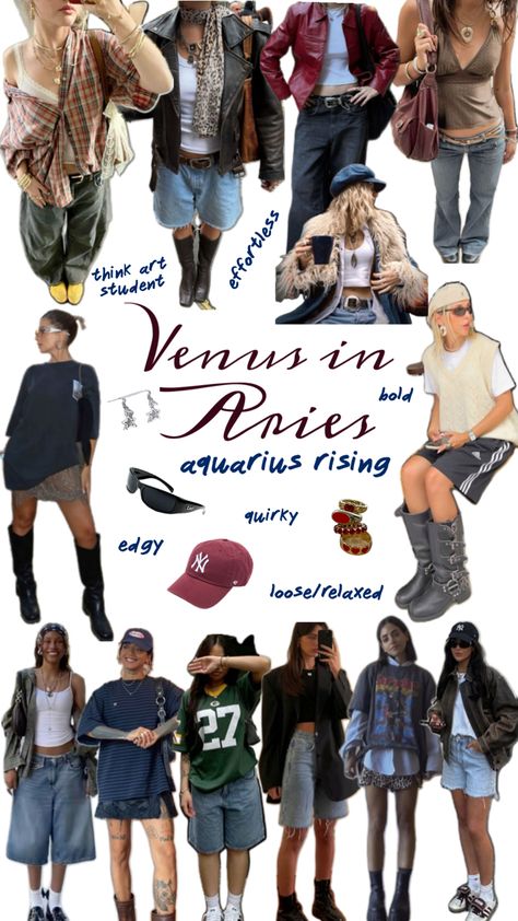 Venus in Aries Aquarius Rising Outfit Moodboard Aires Venus Fashion, Libra Rising Outfits, Venus In Aries Aesthetic, Aries Outfits Aesthetic, Aquarius Clothes, Aries Venus Outfits, Venus In Aquarius Style, Aries Venus Aesthetic, Aquarius Outfits