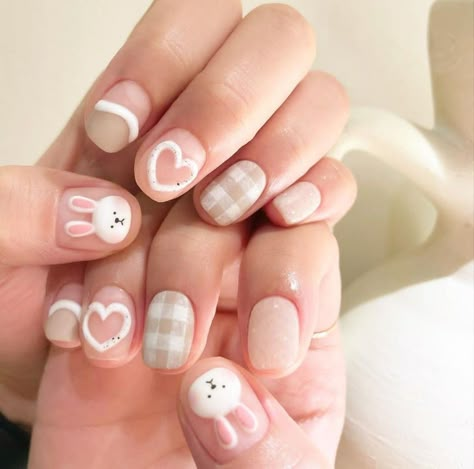 Cute Short Acrylic Nails Korean, Korean Nail Inspired, Cute Short Gel Nails Korean, Korean Simple Nail Art, Bunny Nails Art, Korean Nail Art Simple Cute, Korean Nail Art Spring, Korean Nails Art, Cute Korean Nail Art