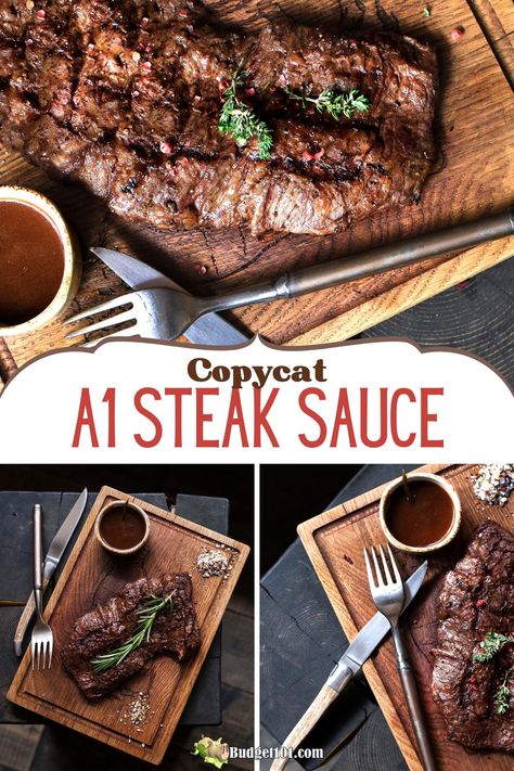 Copycat A1 Steak Sauce  Bring the classic flavor of A1 Steak Sauce to your kitchen with this simple and delicious copycat recipe. Perfect for enhancing steaks, burgers, and marinades, this homemade sauce combines the tangy zest of orange juice with a robust mix of spices and condiments, ensuring you'll never miss the store-bought version again! #Budget101 Steak Sauce Recipe, Jus Sauce, Bbq Foods, Steak Sauce Recipes, Clone Recipe, Bbq Sauces, Clam Recipes, Gravy Sauce, Copykat Recipes