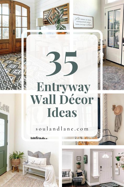 Transform your entryway into a statement-making space with chic wall decor that speaks volumes. Think bold art pieces, sophisticated hangings, and eye-catching accents that set the tone for your entire home. These ideas are crafted for the style-savvy individual eager to make an impact right from the first step. Dive into our collection of inspirations that blend beauty with a hint of intrigue, ensuring your entrance is anything but ordinary. Entryway Ideas Wall Decor, Modern Farmhouse Picture Wall Ideas, Entry Gallery Wall Ideas, Entrance Hall Wall Decor, Entry Wall Design Ideas, Entryway Large Wall Decor, Decorating A Hallway Wall, Above Door Decor Entry Ways, Foyer Picture Wall Entryway