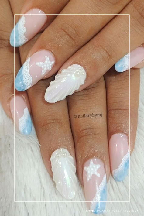 Seashell Nails Beachy Gel Nail Designs, Beach Nails Natural Nail, Ocean Blue Nail Designs, Beach Theme Nails Designs Summer, Ocean Themed Nails Acrylic, Mermaid Nails Short, Summer Shell Nails, Ocean Acrylic Nails, Ocean Nails Short