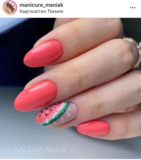 Watermelon Slice 🍉 Nails Of 2023, Watermelon Nail Designs, Watermelon Nail Art, Fruit Nail Designs, Summer Nails Summer, Acrylic Nails Almond Shape, Tape Nail Art, Fruit Nail Art, Summer Nail Ideas