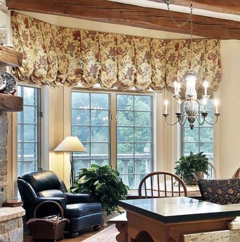 Valance Ideas for Bay Windows and Bow Windows Bay Window Valance Ideas, Curtain Ideas For Bay Windows, Ideas For Bay Windows, Bow Window Treatments, Bow Windows, Living Room Bay Window, Valance Ideas, Dining Room Window Treatments, Kitchen Window Valances