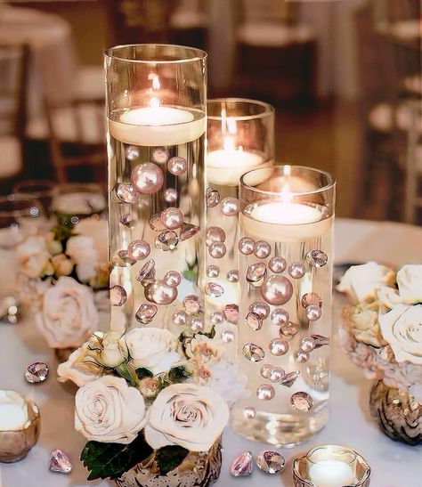 Vase Decorations, Clear Glass Candle Holders, Sparkling Rose, Glass Cylinder Vases, Rose Gold Pearl, Glass Flower Vases, Pearl Rose, Vase Fillers, Fairy String Lights