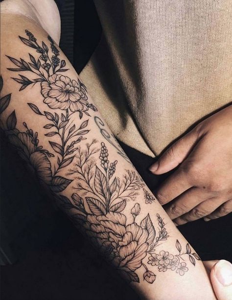 Wrap Tattoo Arm, Tattoo Sleeve Floral, Half Sleeve Tattoos, Wrap Tattoo, Floral Tattoo Sleeve, Tattoo Arm, Floral Leaves, Dainty Tattoos, Half Sleeve Tattoo