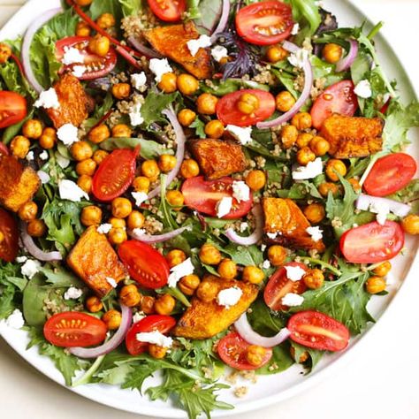 Roast Pumpkin and Chickpea Salad Recipe | Cook It Real Good Roast Pumpkin Salad, Chickpea Salad Recipe, Pumpkin Salad, Chickpea Salad Recipes, Meatless Monday Recipes, Beetroot Salad, Roast Pumpkin, Feta Salad, Spinach And Feta