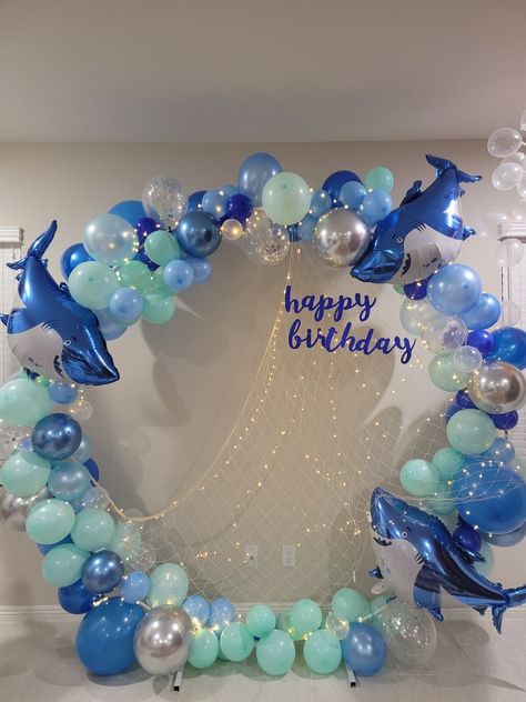 Ocean Life Birthday Party, Under The Sea Theme Birthday Party, Ocean Birthday Decorations, Birthday Ocean Theme Decorations, Ocean Decorations Party, Aquatic Birthday Party Ideas, Shark Birthday Decorations, Shark Birthday Theme, Marine Biology Birthday Theme