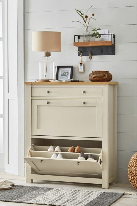 Dining Room Shoe Storage, Front Entrance Shoe Storage, Shoe Storage Ideas Front Door, Shallow Shoe Storage, Shoe Rack Design Ideas, Rack Design Ideas, Shoe Rack Design, Shoe Dresser, Shoe Storage Entryway