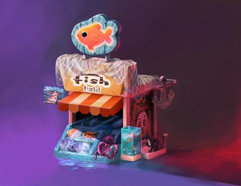 ArtStation - Fish Market, Samet Ulutürk Fish Market Concept Art, Fish Store Design, Fish Market Design, Fish Shack, Fish Restaurant, Beijing Opera, Eco Architecture, Japanese Fish, Shop Illustration