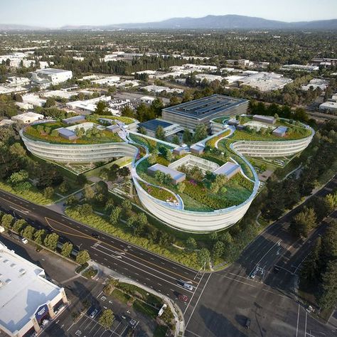 Silicon Valley Office, Sustainable Housing, Eco City, Office Garden, Green Architecture, Green Valley, Futuristic City, Roof Garden, Architecture Visualization