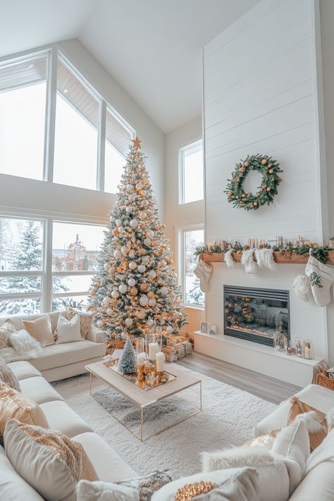 Transform your space with elegant Christmas home decor! This cozy setup features a stunning Christmas tree, twinkling lights, and festive accents. Get inspired to create your own winter wonderland. #ChristmasDecor #HolidayHome #WinterMagic White Christmas Decor Living Room, Christmas Winter Wonderland Theme, Cozy White Christmas, Cozy Setup, Holiday House Decor, White Christmas Party, Beige Christmas, Holidays Decorations, Christmas Classroom Door