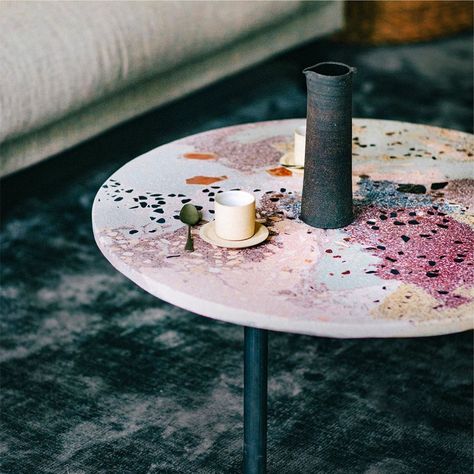 Claire Stevens Interior Design (@csinteriordesign) posted on Instagram • Aug 7, 2021 at 10:10pm UTC Muted Maximalism, Terrazzo Kitchen, Terrazzo Table, Coffee Table Height, Stone Table Top, Concrete Table, Diy Tile, Plastic Furniture, Table Ronde